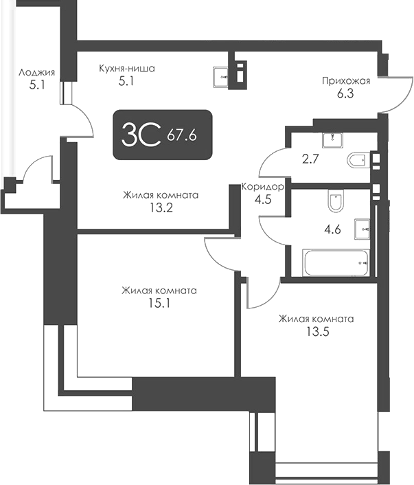 Планировка 3е-к.кв 65.05 м² в ЖК «Сити Тауэрс»