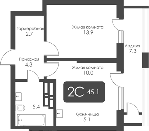 Планировка 2е-к.кв 41.45 м² в ЖК «Сити Тауэрс»