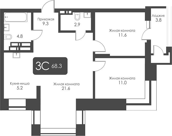 Планировка 3е-к.кв 66.40 м² в ЖК «Сити Тауэрс»