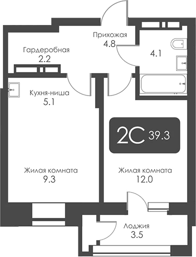 Планировка 2е-к.кв 37.55 м² в ЖК «Сити Тауэрс»