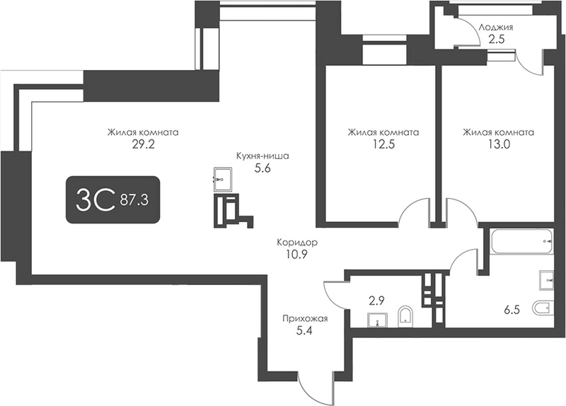 Планировка 3е-к.кв 86.05 м² в ЖК «Сити Тауэрс»