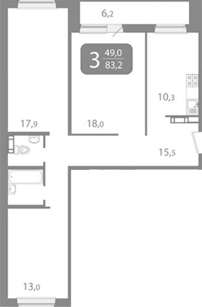 Планировка 3-к.кв 80.19 м² в ЖК «Ботаника. Томск»