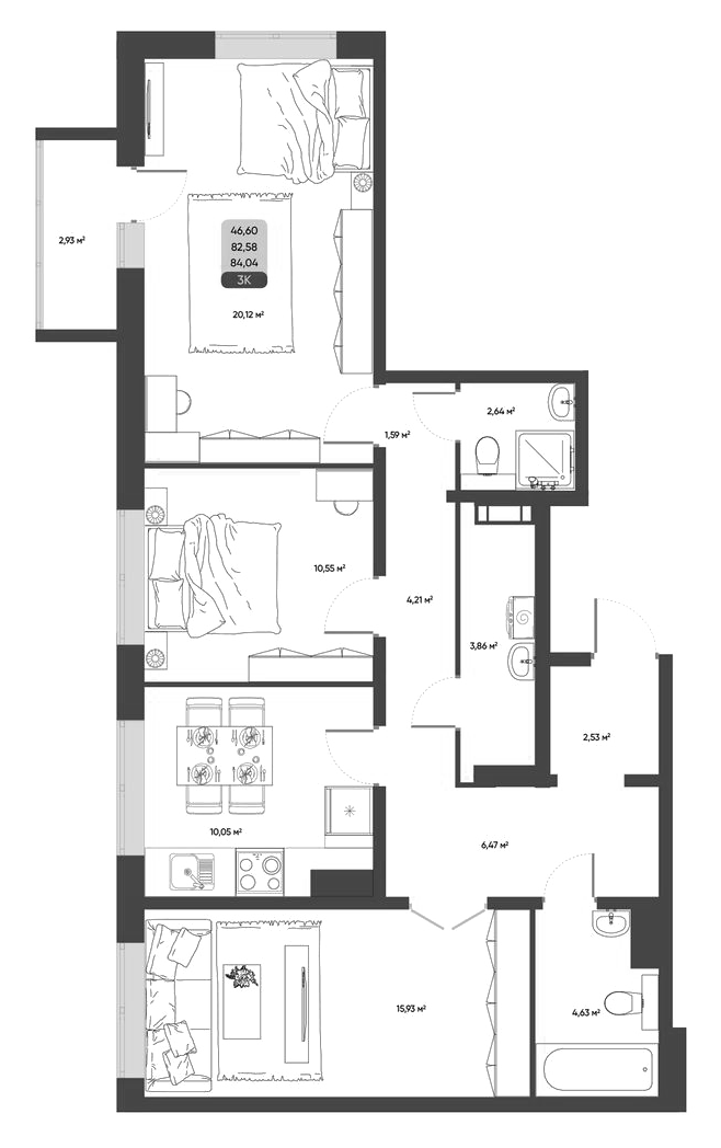 Планировка 3-к.кв 82.58 м² в ЖК «ПараПарк. Томск»