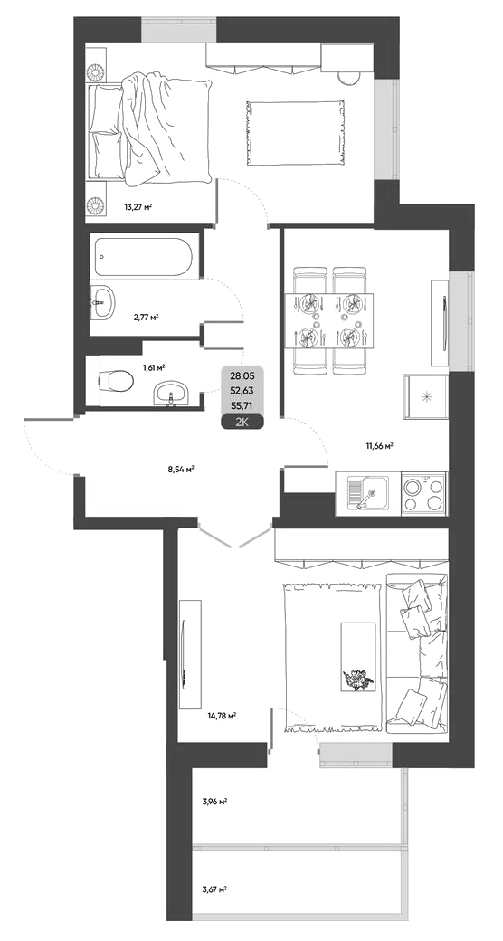 Планировка 2-к. квартира 52.63 м² в ЖК «ПараПарк. Томск»