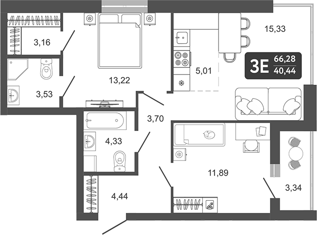 Планировка 3е-к.кв 64.61 м² в ЖК «Наследие. Кемерово»