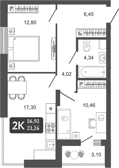 Планировка 2-к.кв 55.37 м² в ЖК «Наследие. Кемерово»