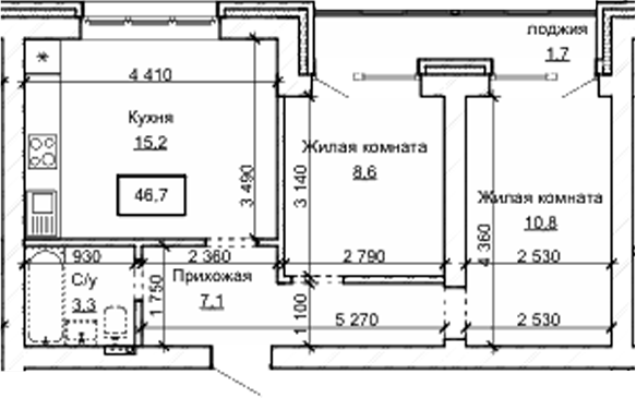 Планировка 2-к.кв 45.00 м² в ЖК «Карамель. Барнаул»