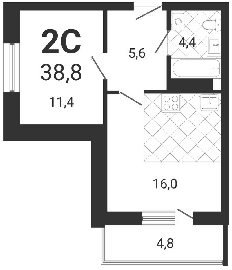 Планировка 2е-к.кв 37.36 м² в ЖК «Тетрис»