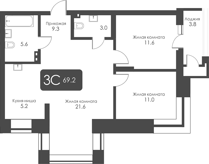 Планировка 3е-к.кв 67.30 м² в ЖК «Сити Тауэрс»