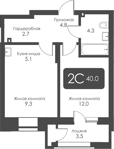Планировка 2е-к. квартира 38.25 м² в ЖК «Сити Тауэрс»