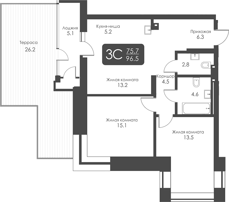 Планировка 3е-к. квартира 65.29 м² в ЖК «Сити Тауэрс»