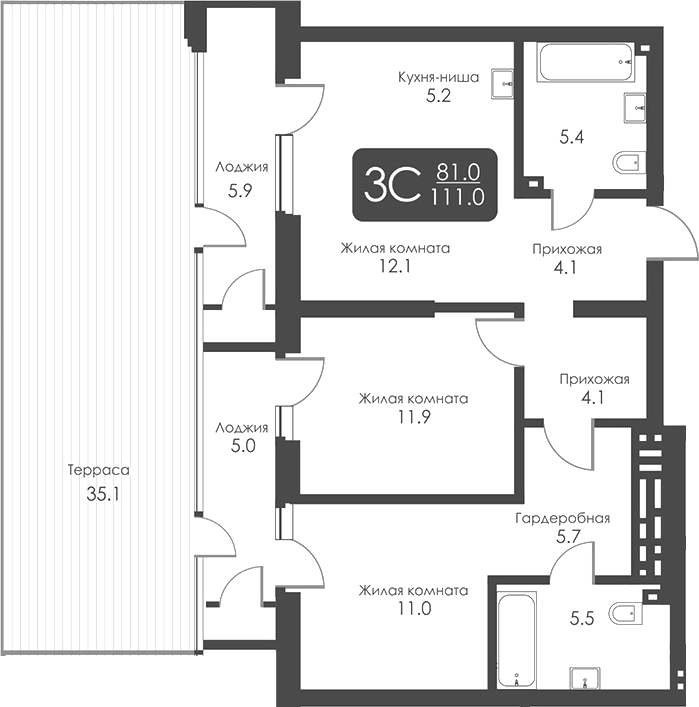 Планировка 3е-к.кв 65.02 м² в ЖК «Сити Тауэрс»