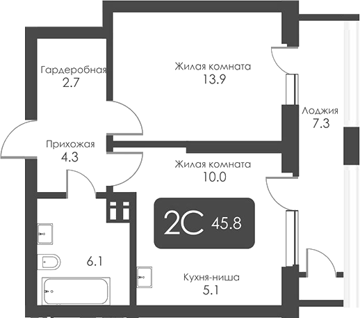Планировка 2е-к.кв 42.15 м² в ЖК «Сити Тауэрс»