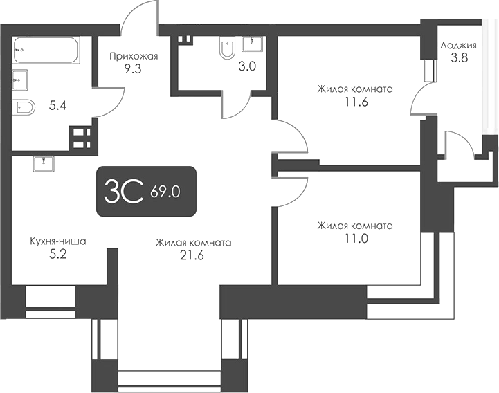 Планировка 3е-к.кв 67.10 м² в ЖК «Сити Тауэрс»