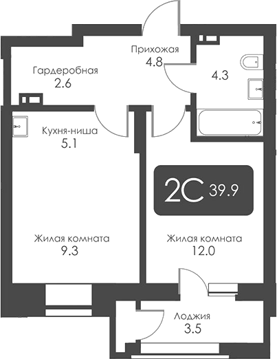 Планировка 2е-к.кв 38.15 м² в ЖК «Сити Тауэрс»