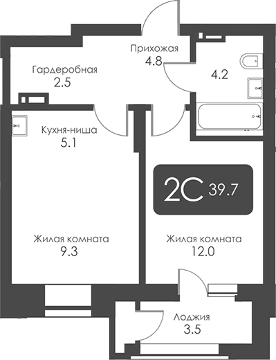 Планировка 2е-к.кв 37.95 м² в ЖК «Сити Тауэрс»