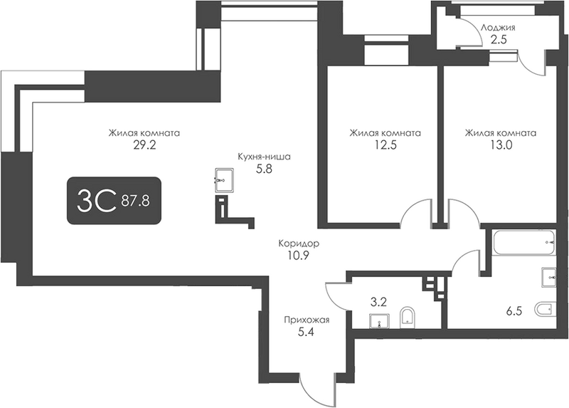 Планировка 3е-к. квартира 86.55 м² в ЖК «Сити Тауэрс»