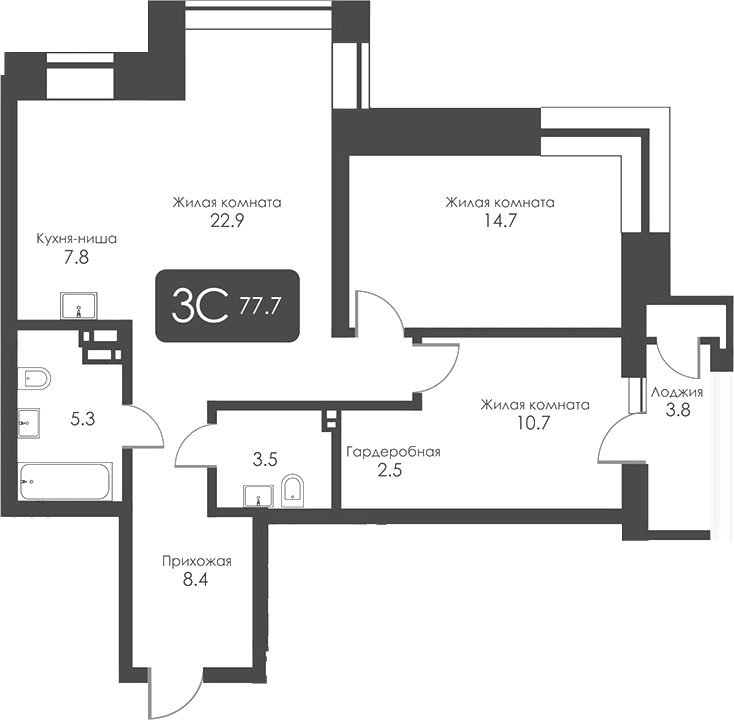 Планировка 3е-к. квартира 75.80 м² в ЖК «Сити Тауэрс»