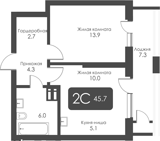 Планировка 2е-к. квартира 42.05 м² в ЖК «Сити Тауэрс»