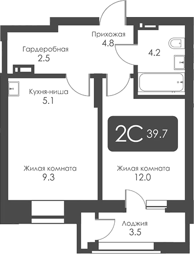 Планировка 2е-к.кв 37.95 м² в ЖК «Сити Тауэрс»