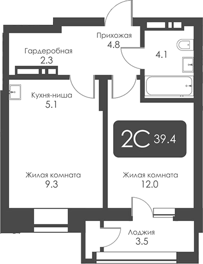 Планировка 2е-к. квартира 37.65 м² в ЖК «Сити Тауэрс»