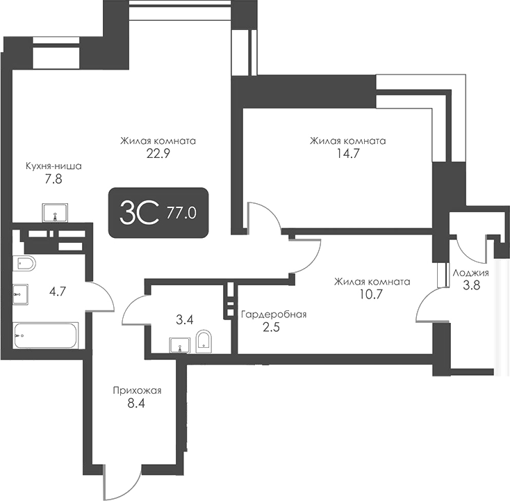 Планировка 3е-к.кв 75.10 м² в ЖК «Сити Тауэрс»