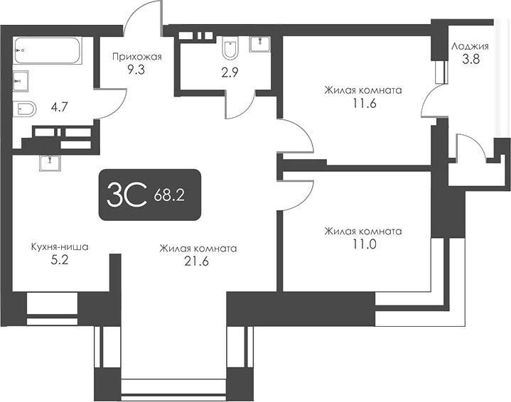 Планировка 3е-к.кв 66.30 м² в ЖК «Сити Тауэрс»
