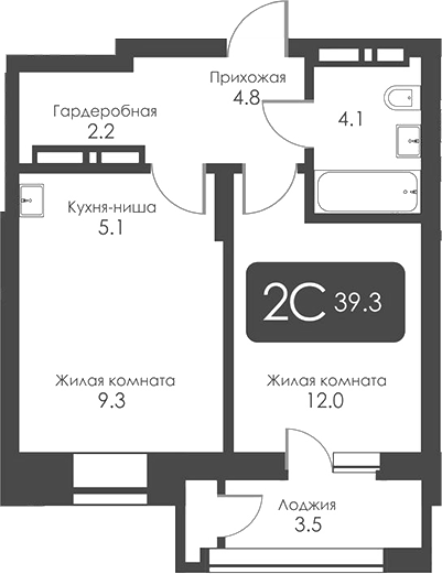 Планировка 2е-к.кв 37.55 м² в ЖК «Сити Тауэрс»