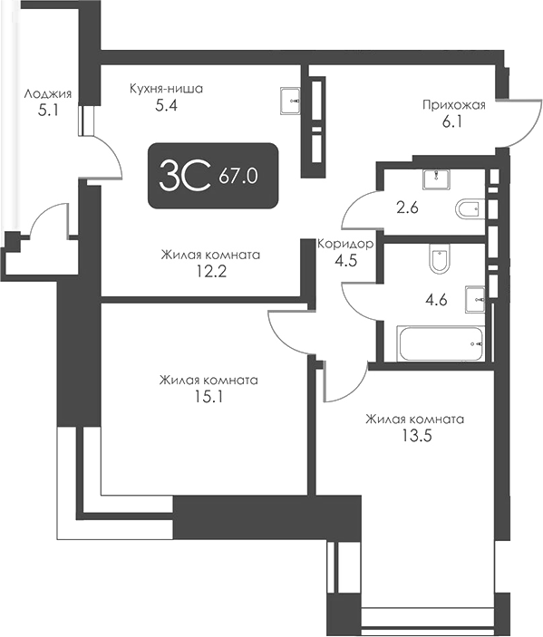Планировка 3е-к.кв 64.45 м² в ЖК «Сити Тауэрс»