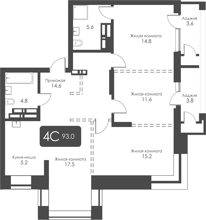 Планировка 4е-к. квартира 89.30 м² в ЖК «Сити Тауэрс»