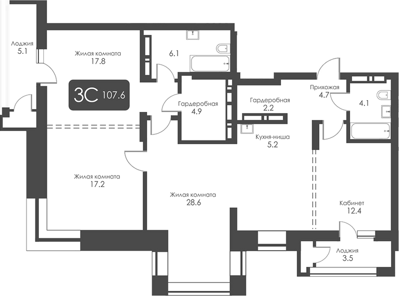 Планировка 3е-к.кв 103.30 м² в ЖК «Сити Тауэрс»