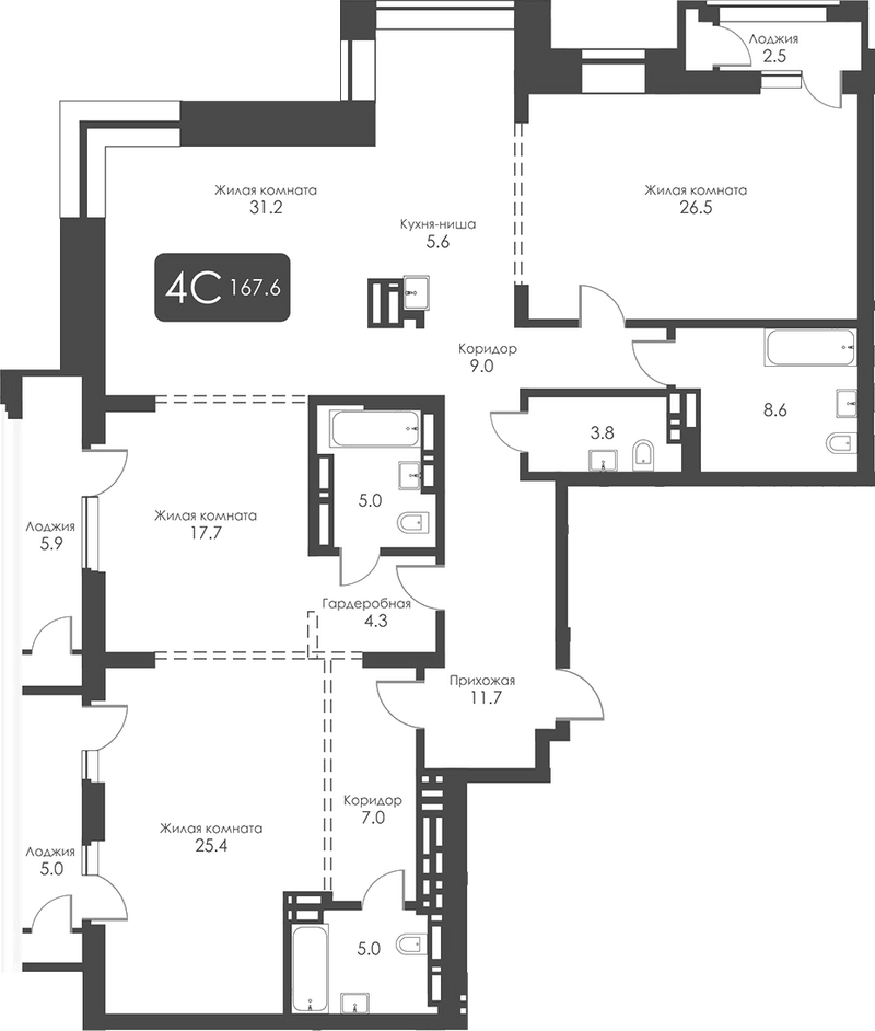 Планировка 4е-к.кв 160.90 м² в ЖК «Сити Тауэрс»