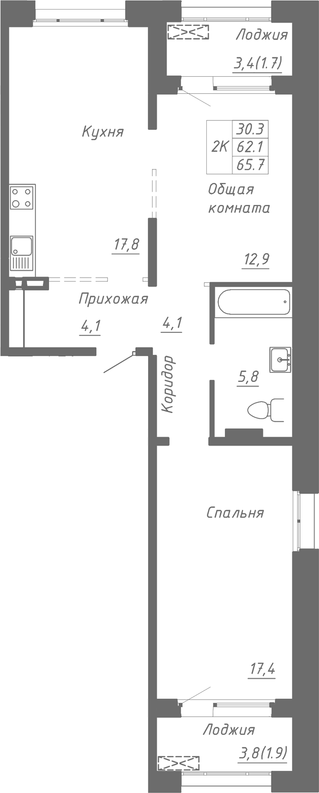 Планировка 2-к.кв 62.10 м² в ЖК «Гренландия»