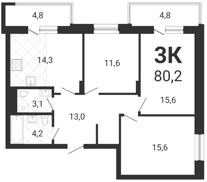 Планировка 3-к.кв 77.32 м² в ЖК «Тетрис»