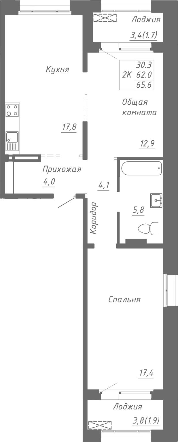 Планировка 2-к.кв 62.00 м² в ЖК «Гренландия»