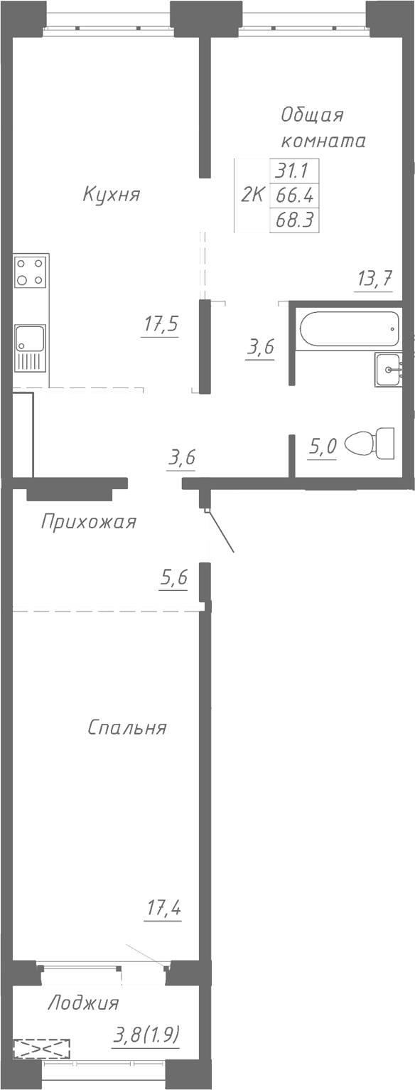 Планировка 2-к.кв 66.40 м² в ЖК «Гренландия»