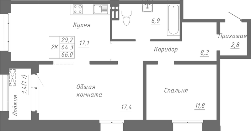 Планировка 2-к.кв 64.30 м² в ЖК «Гренландия»
