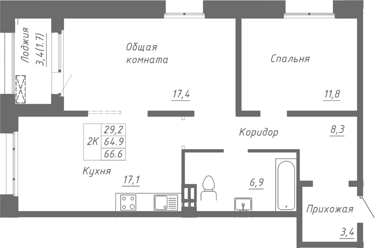 Планировка 2-к.кв 64.90 м² в ЖК «Гренландия»