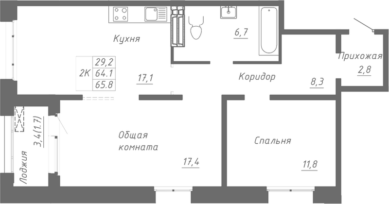 Планировка 2-к.кв 64.10 м² в ЖК «Гренландия»