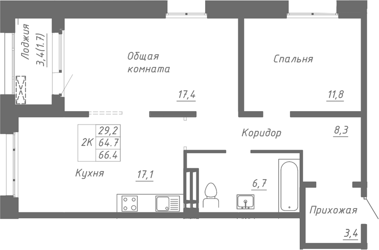 Планировка 2-к.кв 64.70 м² в ЖК «Гренландия»