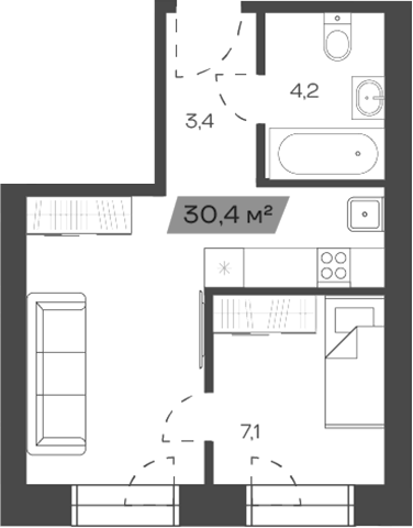 Планировка своб. план. 30.36 м² в ЖК «Freedom Village»