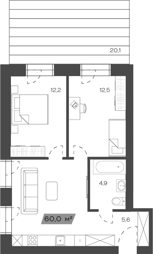 Планировка своб. план. 59.95 м² в ЖК «Freedom Village»