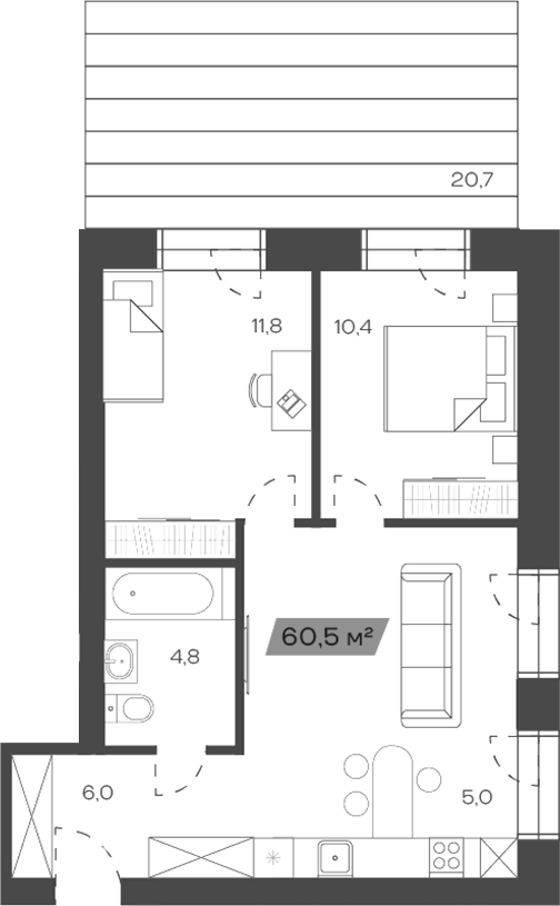 Планировка своб. план. 60.48 м² в ЖК «Freedom Village»