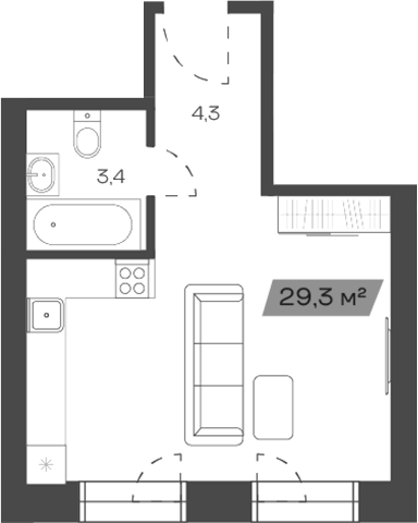Планировка своб. план. 29.34 м² в ЖК «Freedom Village»