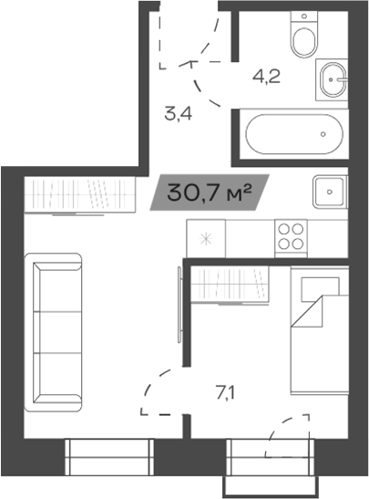 Планировка своб. план. 30.67 м² в ЖК «Freedom Village»