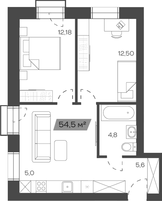 Планировка своб. план. 54.54 м² в ЖК «Freedom Village»