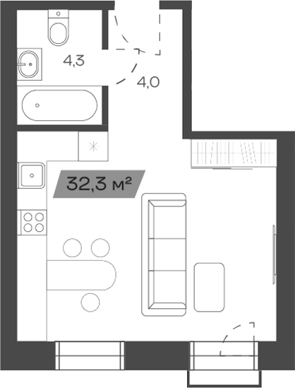 Планировка своб. план. 32.27 м² в ЖК «Freedom Village»