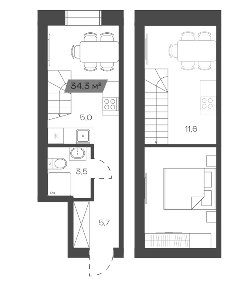 Планировка своб. план. 34.27 м² в ЖК «Freedom Village»