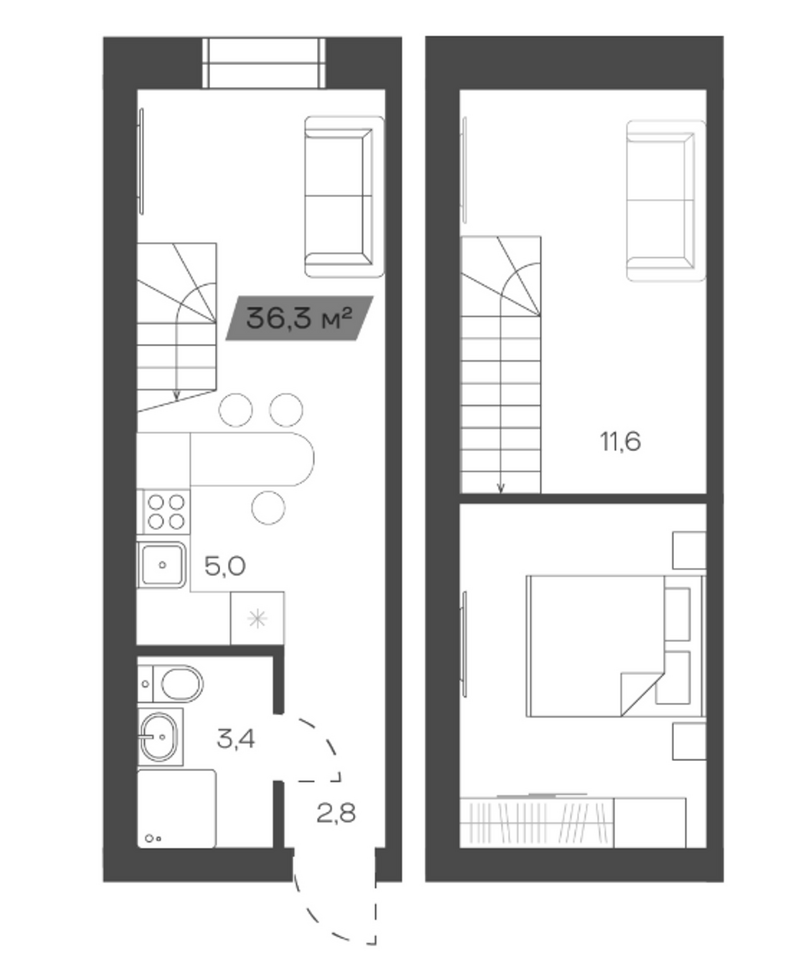 Планировка своб. план. 36.33 м² в ЖК «Freedom Village»