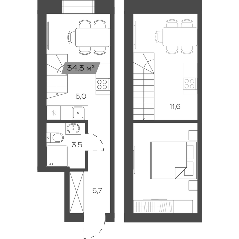 Планировка своб. план. 34.27 м² в ЖК «Freedom Village»